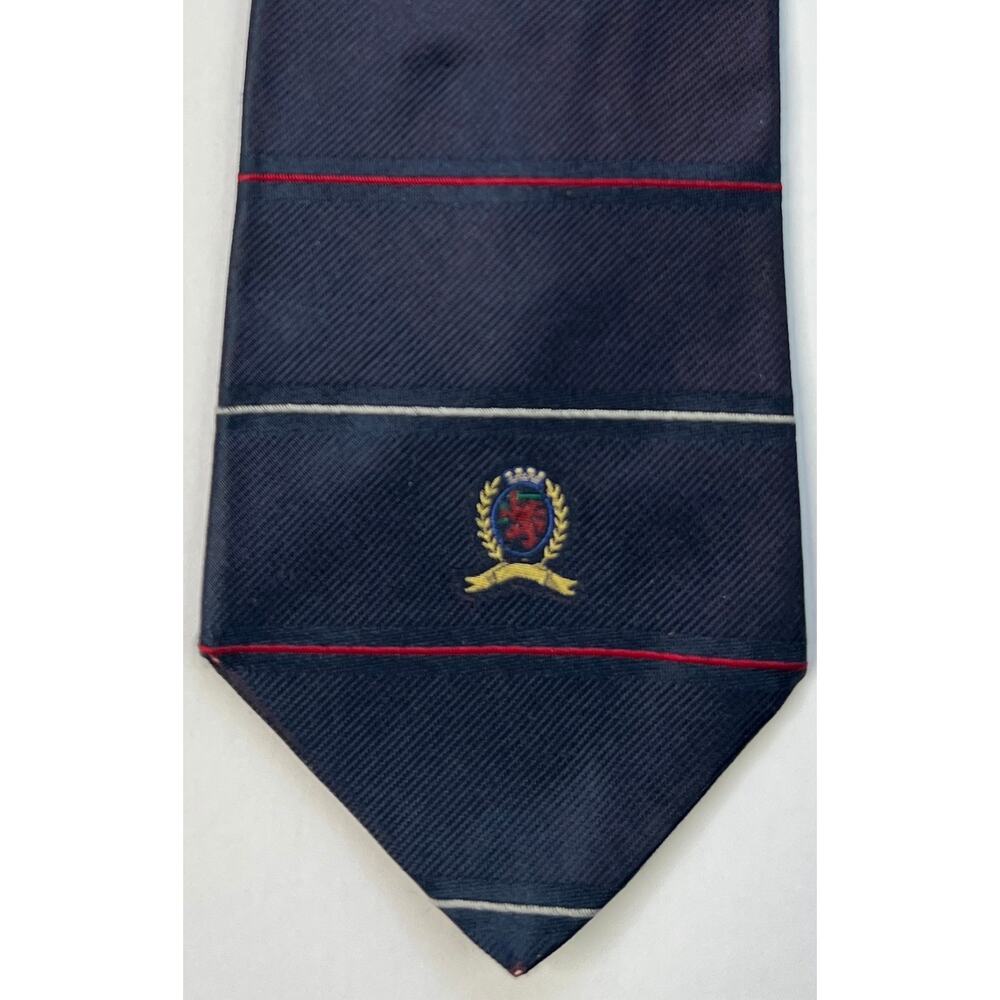 Tommy Hilfiger Mens 100% Silk Neck Tie Navy Red White Stripe Crest USA